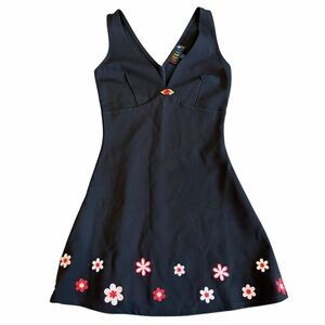 dELiA*s Y2K Black Floral Embroidered Mini Dress | Retro 90s Fit & Flare XXS